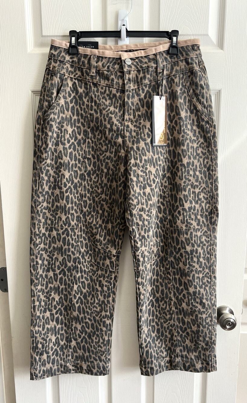 RISEN Women's Leopard Print Wide Leg Barrel High-Waist Denim Jeans Sz 9/29 NWT